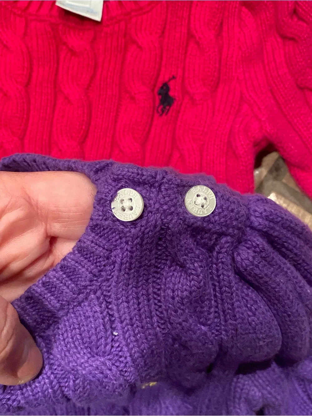 Kids’ Ralph Lauren cable knit purple and raspberry pink cotton sweater lot 6 mo.